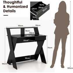 Skrivebord X‑formet ergonomisk sort med skuffe og monitorhylde 86x61 cm