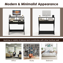 Skrivebord X‑formet ergonomisk sort med skuffe og monitorhylde 86x61 cm