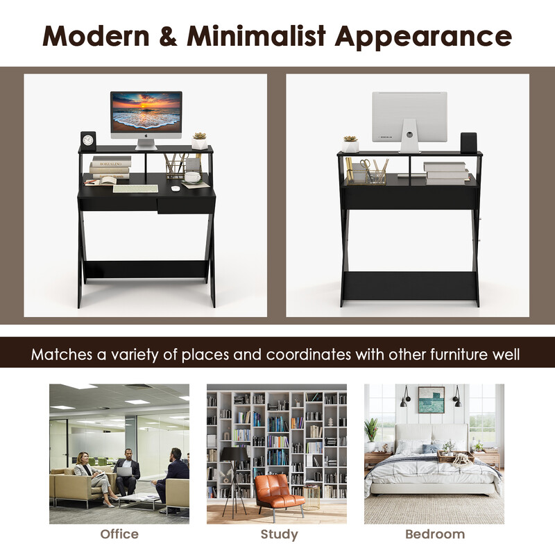 Skrivebord X‑formet ergonomisk sort med skuffe og monitorhylde 86x61 cm