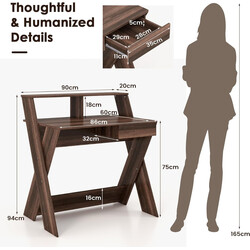 X-formet computerskrivebord i valnødfarve med skuffe og skærmhøjer 86x61 cm