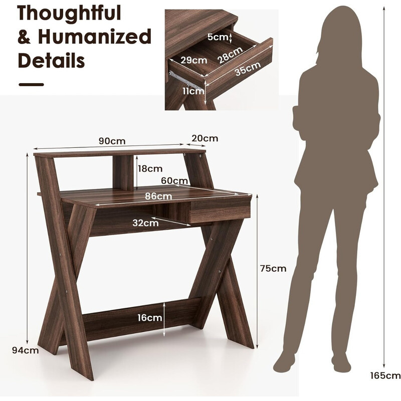 X-formet computerskrivebord i valnødfarve med skuffe og skærmhøjer 86x61 cm