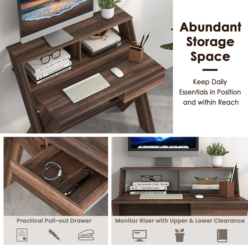 X-formet computerskrivebord i valnødfarve med skuffe og skærmhøjer 86x61 cm