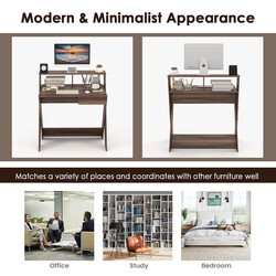 X-formet computerskrivebord i valnødfarve med skuffe og skærmhøjer 86x61 cm