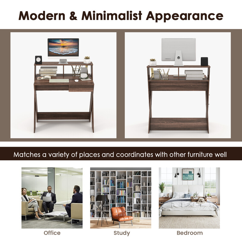 X-formet computerskrivebord i valnødfarve med skuffe og skærmhøjer 86x61 cm