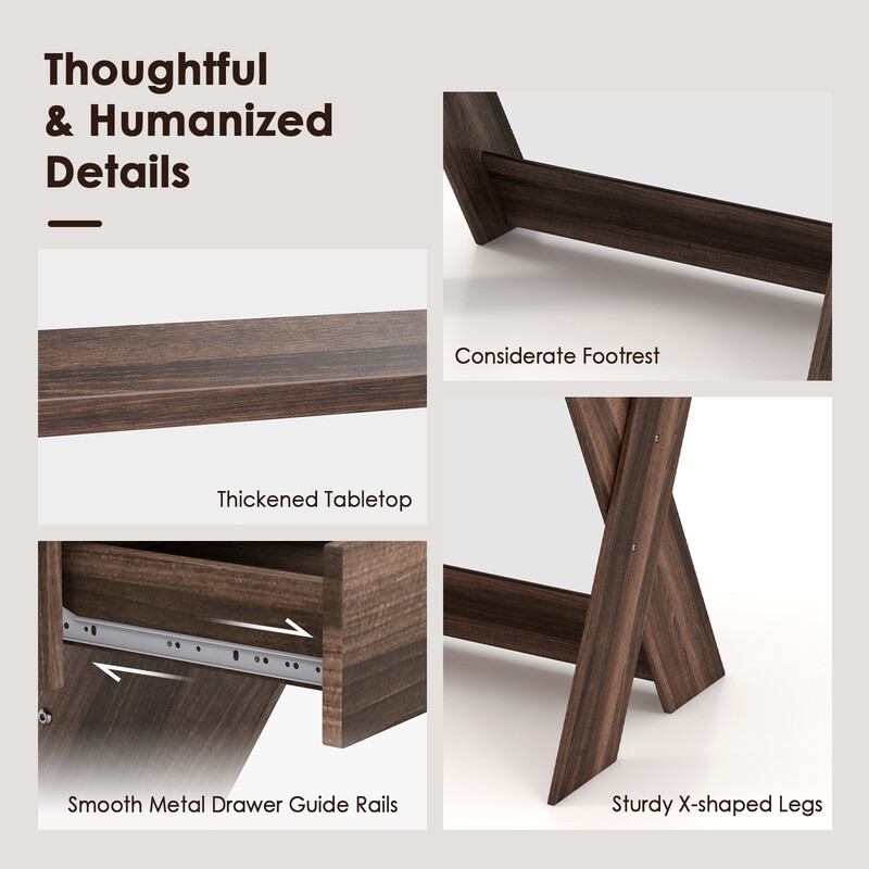 X-formet computerskrivebord i valnødfarve med skuffe og skærmhøjer 86x61 cm