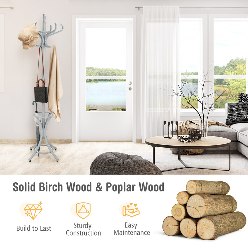 Hvid tøjstativ i birke og poppel med 12 kroge paraplyholder 184 cm