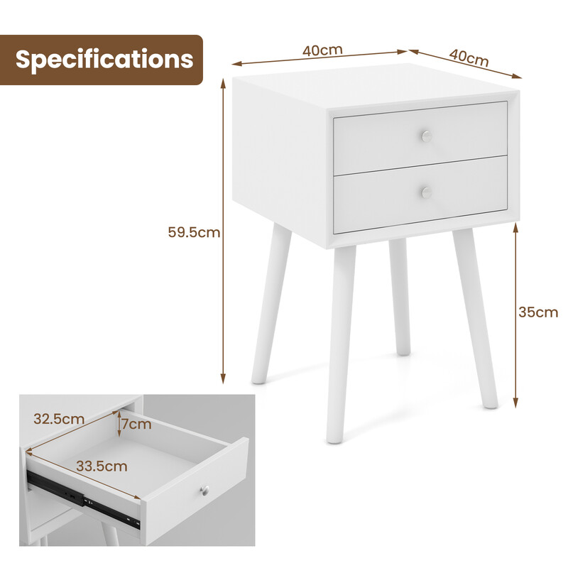 Natbord 2 skuffer hvid gummitræ MDF 40x40x59