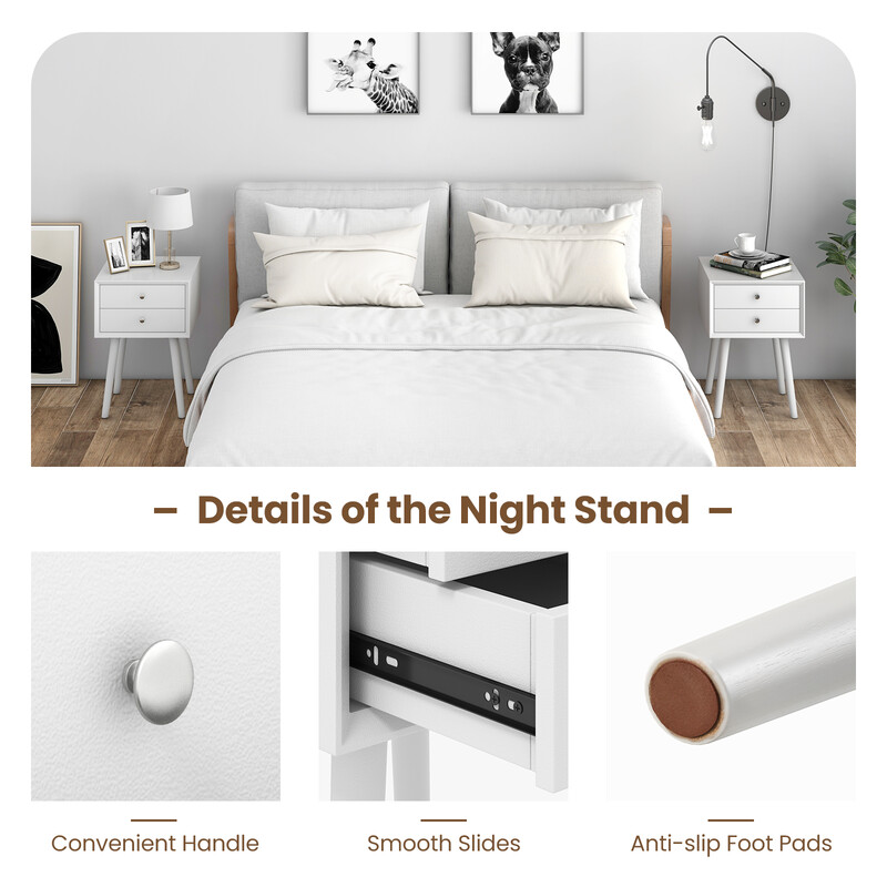 Natbord 2 skuffer hvid gummitræ MDF 40x40x59