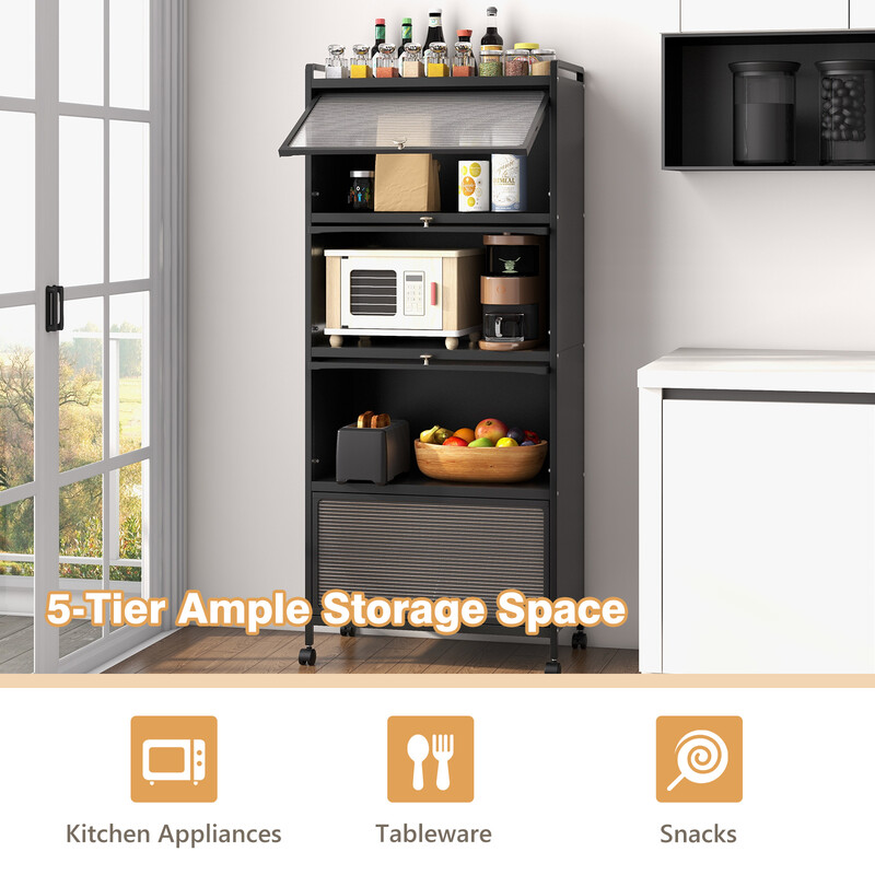 Køkkenopbevaringshylde sort metal PC 60x32x154 cm fem hylder hjul