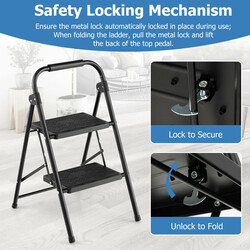 2-trins sammenklappelig metalstige med polstret håndtag og skridsikre trin sort 47x39x71 cm