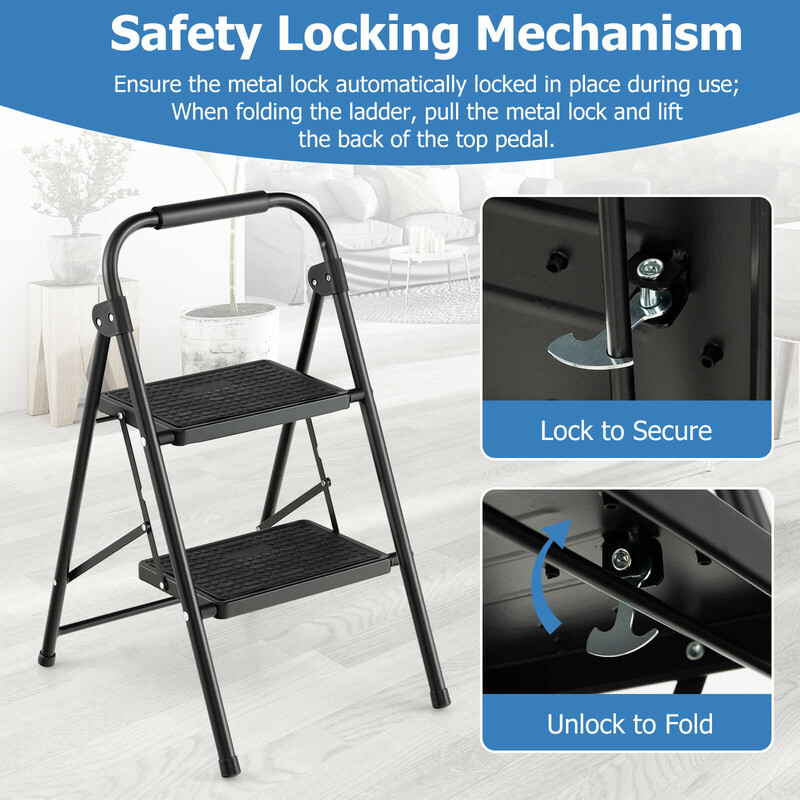 2-trins sammenklappelig metalstige med polstret håndtag og skridsikre trin sort 47x39x71 cm
