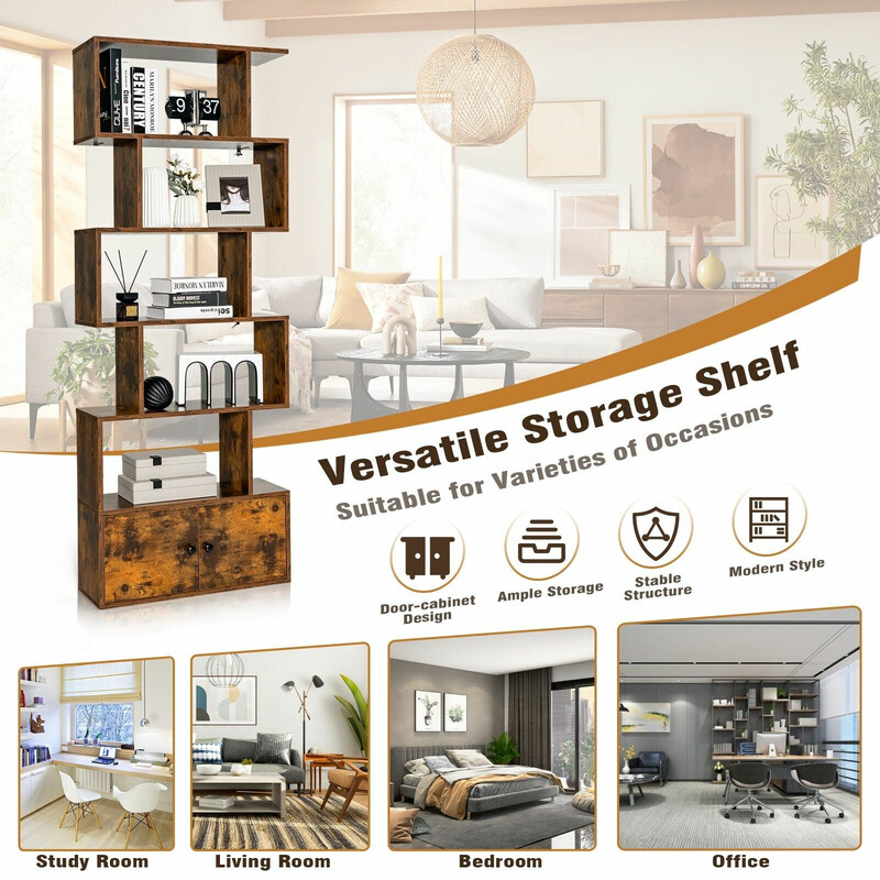 Bogreol i træ og MDF brun 5 hylder todørs skab 183x70x23 cm