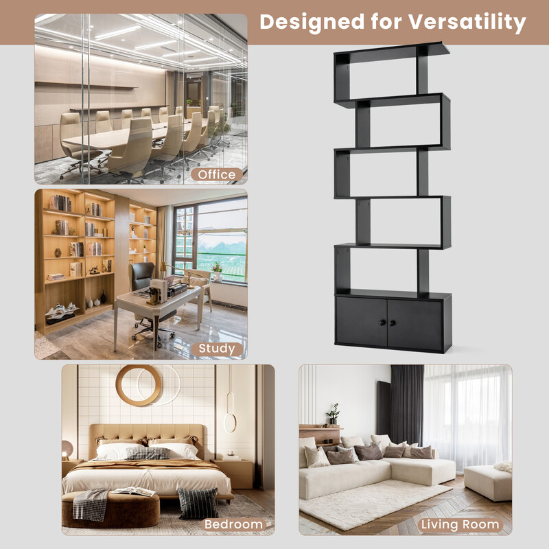 Bogreol sort træ MDF 5 hylder to døre 183x70x23 cm