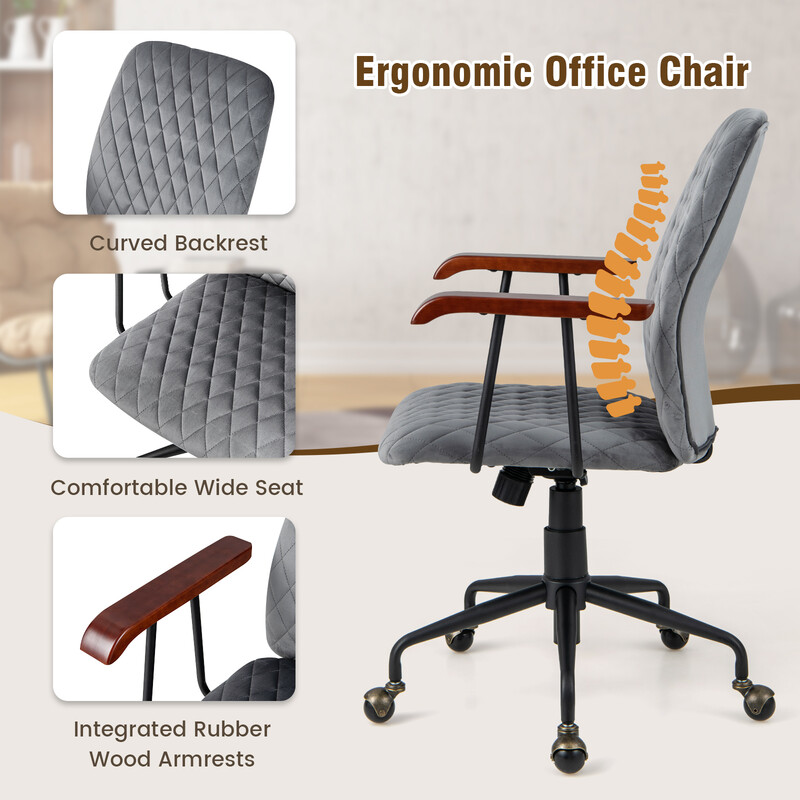 Kontorstol grå fløjl justerbart ergonomisk ryglæn 150 kg