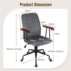 Kontorstol grå fløjl justerbart ergonomisk ryglæn 150 kg