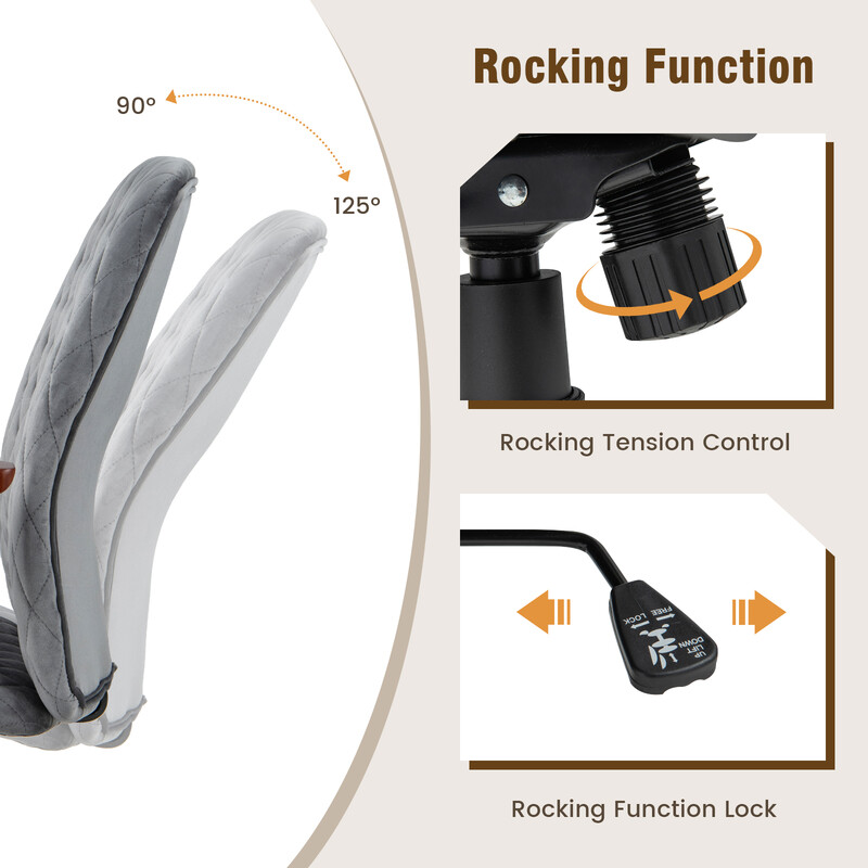 Kontorstol grå fløjl justerbart ergonomisk ryglæn 150 kg