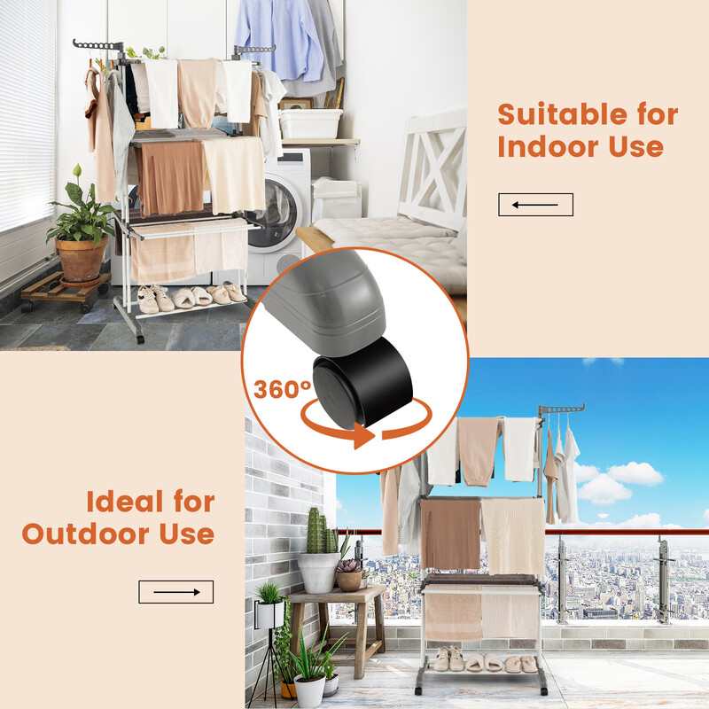 Sammenklappeligt rustfrit metal tørrestativ med 4 niveauer og hjul grå