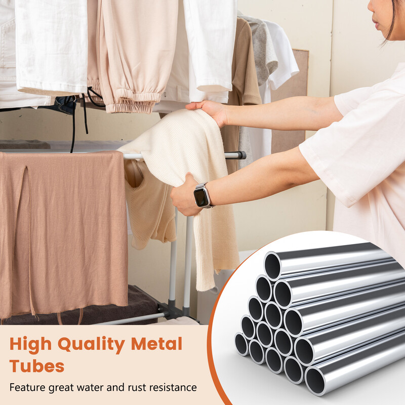 Sammenklappeligt rustfrit metal tørrestativ med 4 niveauer og hjul grå