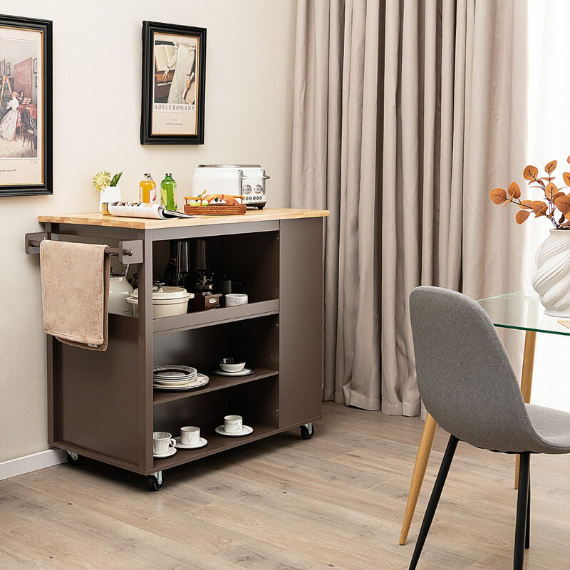 Køkkenvogn brun gummitræ 108x60 cm arbejdsbænk med skuffe hylder og håndklædeholder