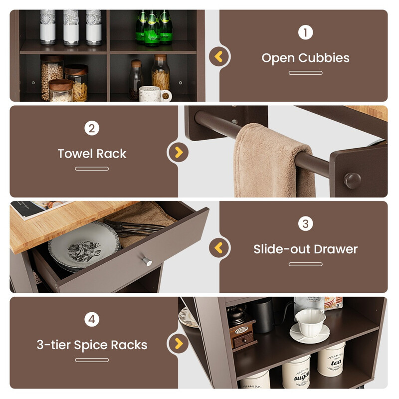 Køkkenvogn brun gummitræ 108x60 cm arbejdsbænk med skuffe hylder og håndklædeholder