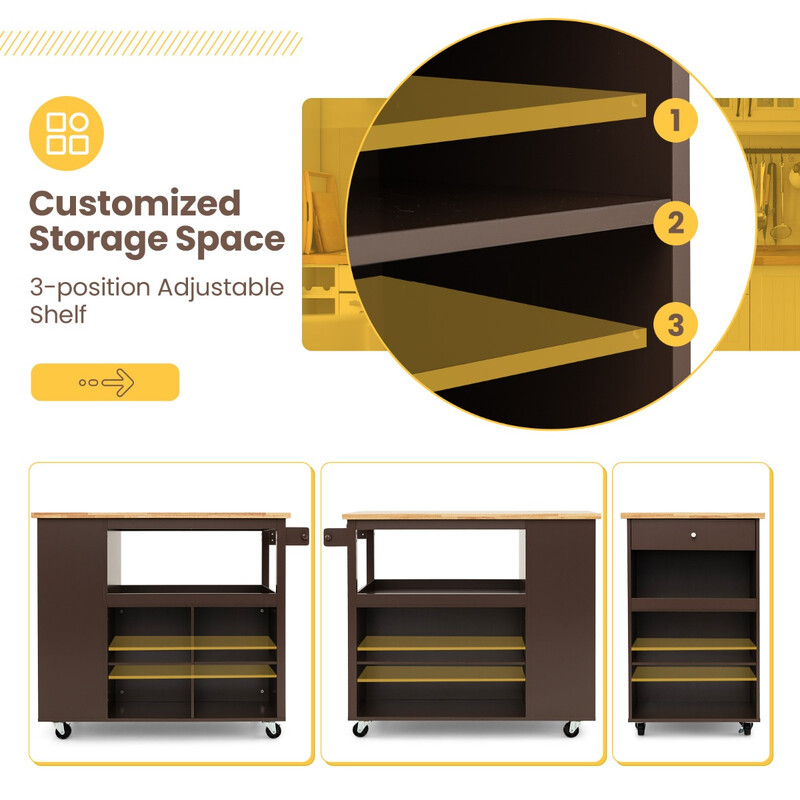 Køkkenvogn brun gummitræ 108x60 cm arbejdsbænk med skuffe hylder og håndklædeholder