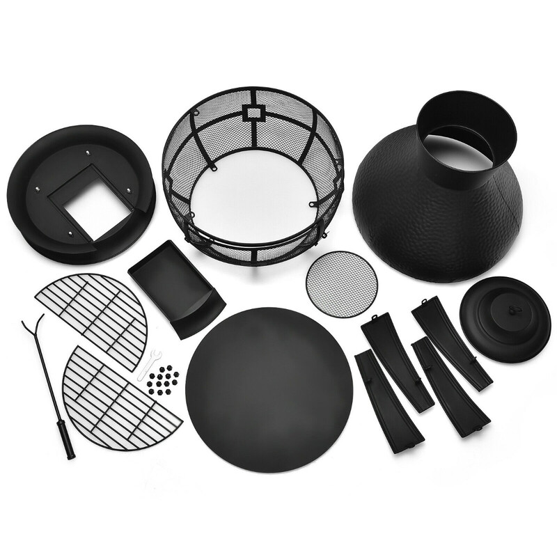 Støbejern terrassekamin 51x51x110 cm sort med netbeskyttelse og ildkrog