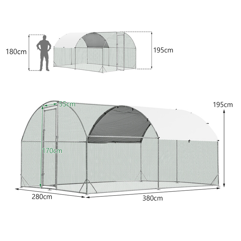 Hønsebur i galvaniseret metal 380x280x195 cm med låsbar dør
