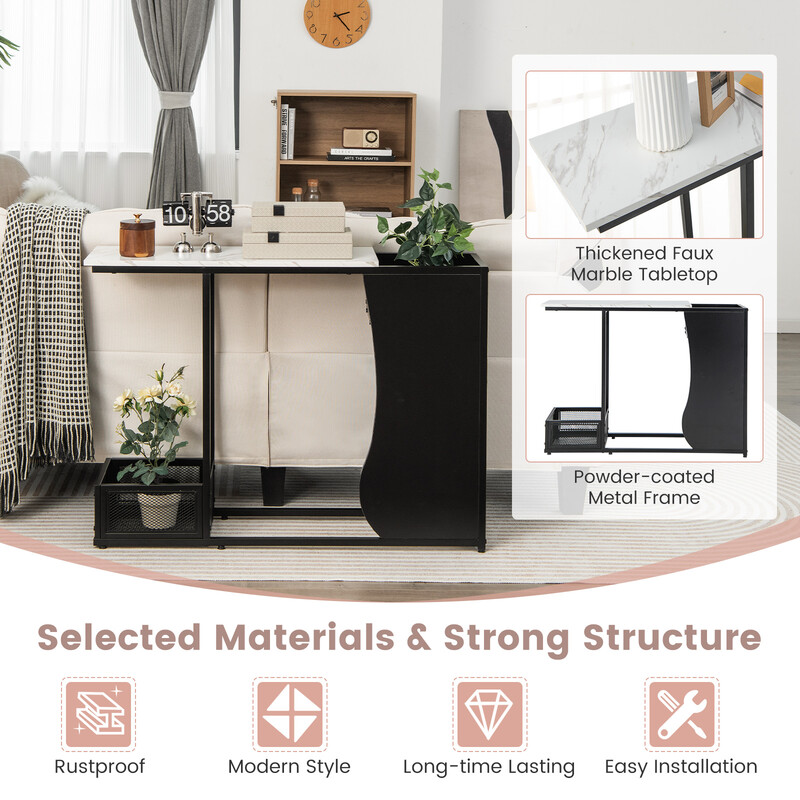 Sidebord 110 cm sort hvid MDF metal med marmormønster og planteholdere