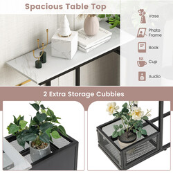 Sidebord 110 cm sort hvid MDF metal med marmormønster og planteholdere