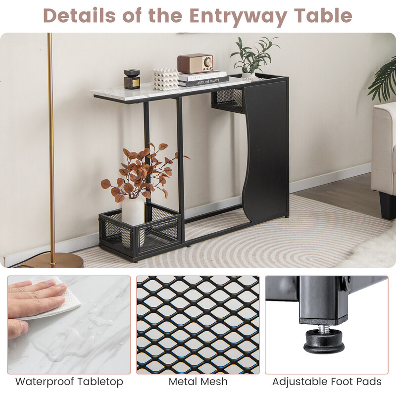 Sidebord 110 cm sort hvid MDF metal med marmormønster og planteholdere