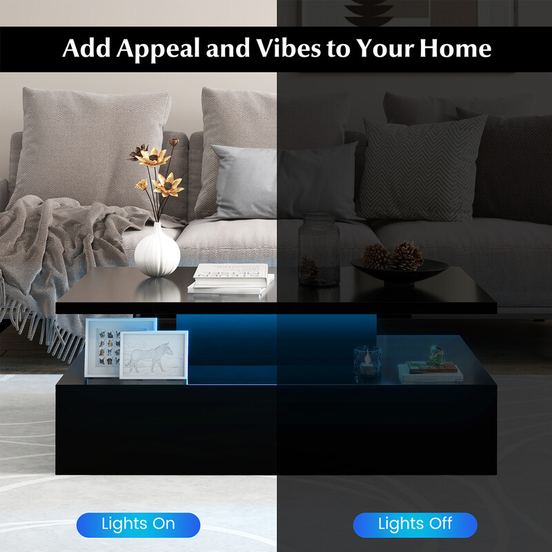 Sort MDF sofabord med LED-belysning to niveauer 110x60x40 cm