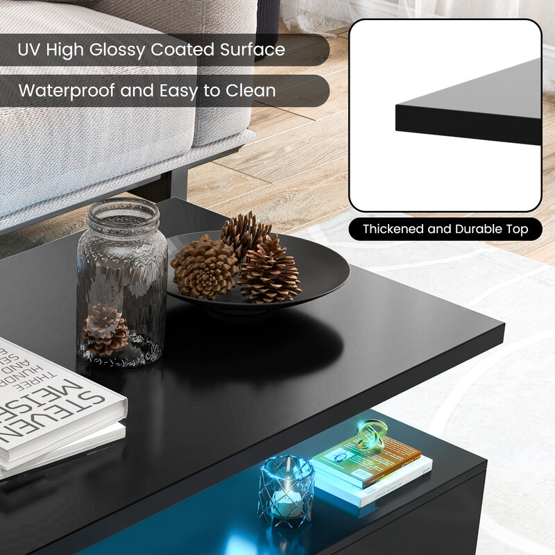 Sort MDF sofabord med LED-belysning to niveauer 110x60x40 cm