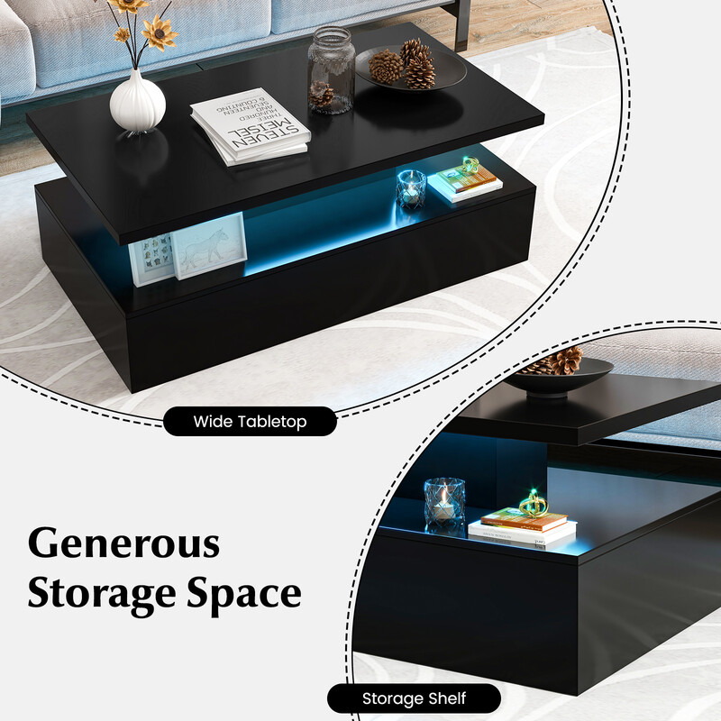 Sort MDF sofabord med LED-belysning to niveauer 110x60x40 cm