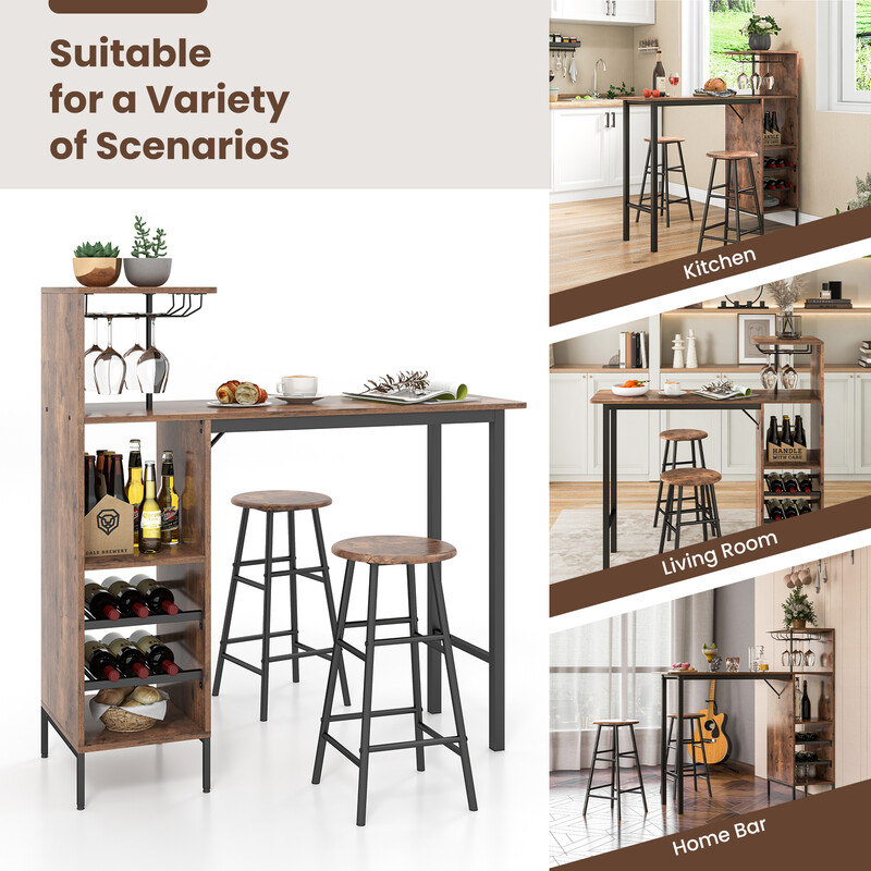 Barbord i MDF og metal med vinflaskeopbevaring 120x40 cm to barstole