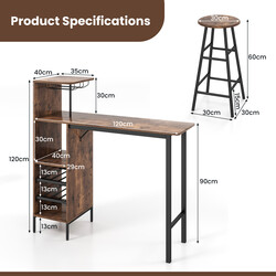 Barbord i MDF og metal med vinflaskeopbevaring 120x40 cm to barstole