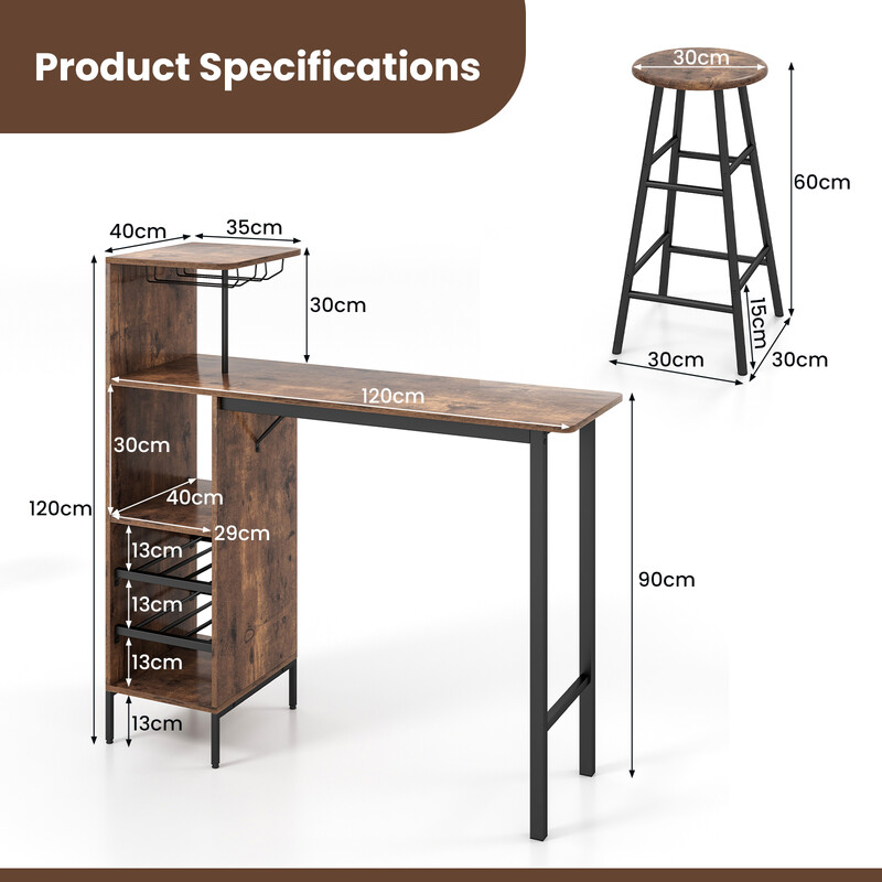 Barbord i MDF og metal med vinflaskeopbevaring 120x40 cm to barstole