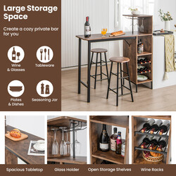 Barbord i MDF og metal med vinflaskeopbevaring 120x40 cm to barstole