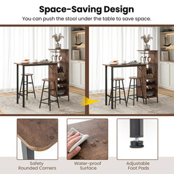 Barbord i MDF og metal med vinflaskeopbevaring 120x40 cm to barstole