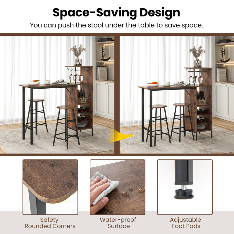 Barbord i MDF og metal med vinflaskeopbevaring 120x40 cm to barstole