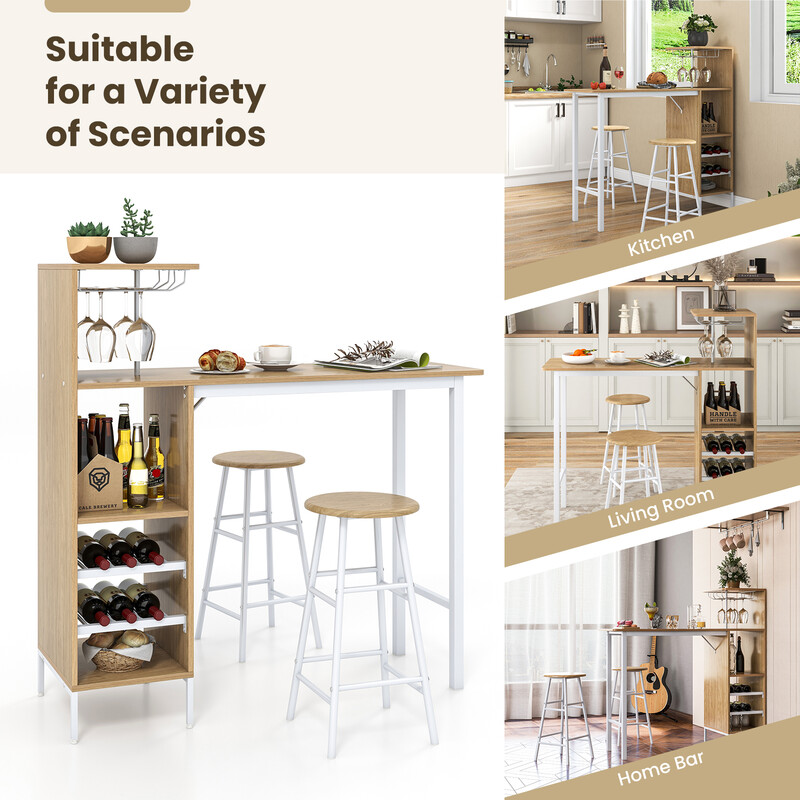 Barbordssæt 120 cm MDF metal med vinholder og 2 barstole naturlig farve