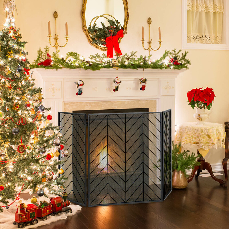 Metal ildskærm med tre paneler 133x78 cm sort