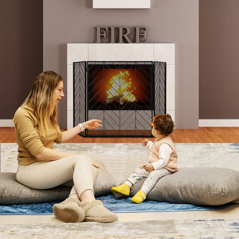 Metal ildskærm med tre paneler 133x78 cm sort