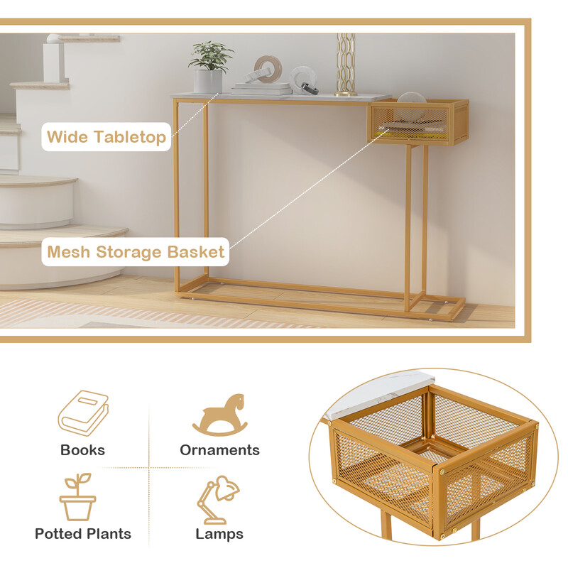 Konsolbord i kunstlæder med guld ramme 110x30x80 cm med opbevaringskurv