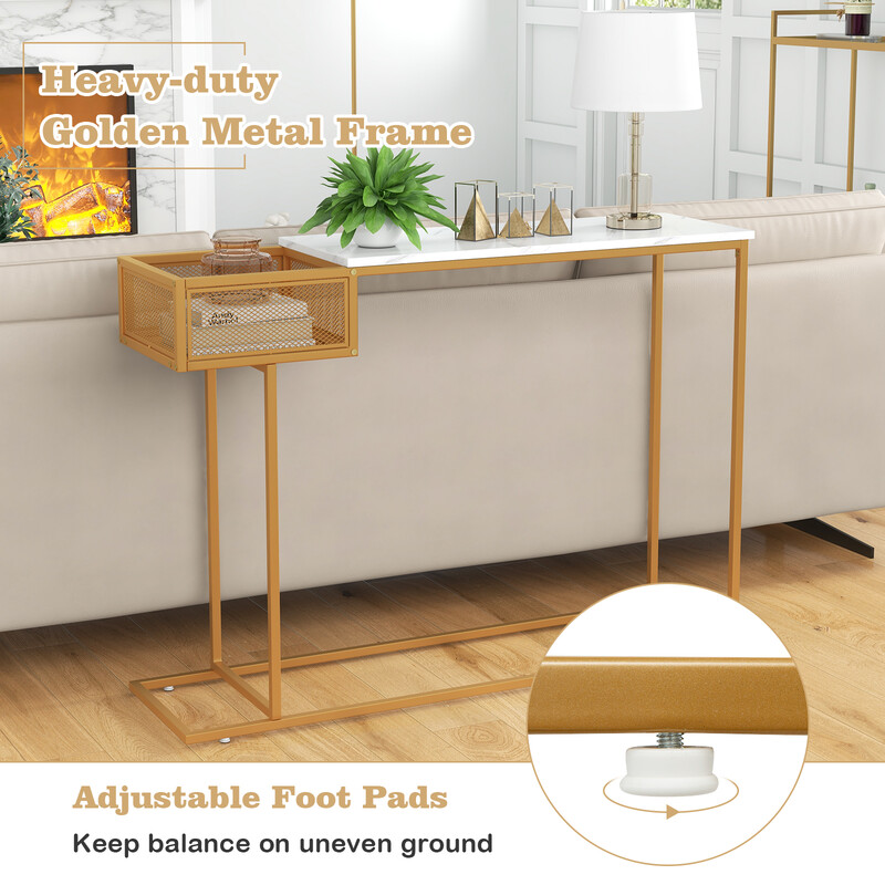 Konsolbord i kunstlæder med guld ramme 110x30x80 cm med opbevaringskurv