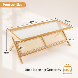 Sofabord bambus herdet glas rattan 120 cm naturlig