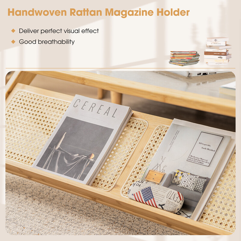 Sofabord bambus herdet glas rattan 120 cm naturlig