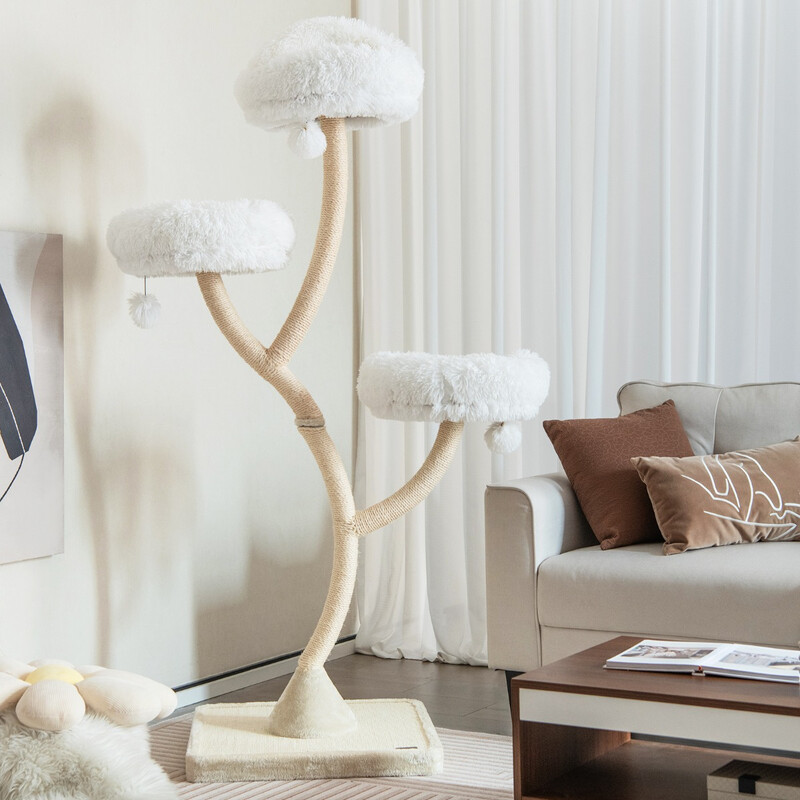 Katteklatretræ 178 cm beige med sisalstolper og plyschpuder