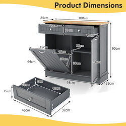 Sort MDF køkkenaffaldsskab 100x35x91 cm 2 skuffer justerbar hylde stor arbejdsflade