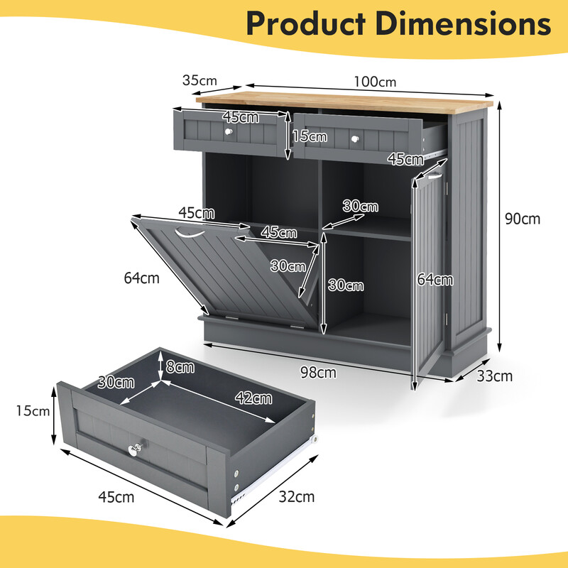 Sort MDF køkkenaffaldsskab 100x35x91 cm 2 skuffer justerbar hylde stor arbejdsflade