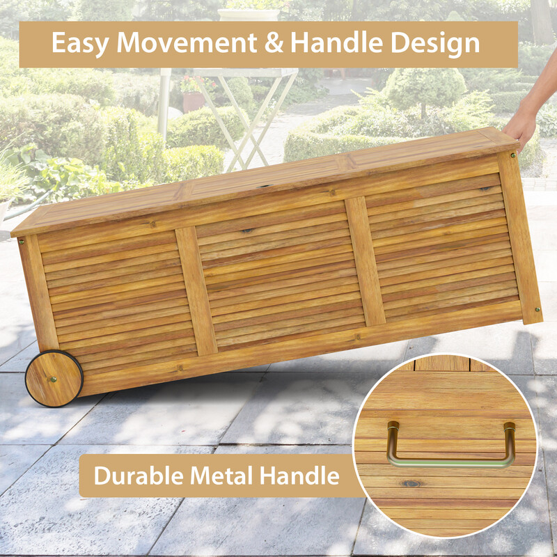 Opbevaringskasse akacietræ 182 l med hjul vandtæt indersæk udendørs